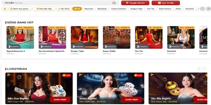 RED88 Sảnh Live Casino RED88 với bàn Baccarat, Roulette và Dragon Tiger